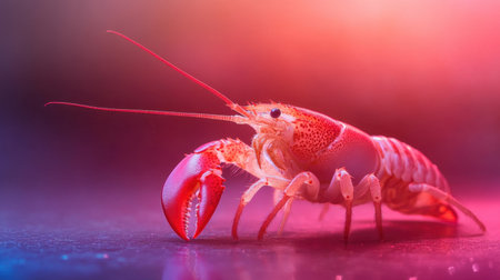 This close-up image showcases a crawfish with striking red claws and antennae, set against a softly lit background that enhances its vibrant colors.の素材