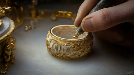 This image showcases the meticulous handcrafting of a decorative golden jewelry box, highlighting the exquisite detailing and artistic precision involved in luxury craftsmanship.の素材