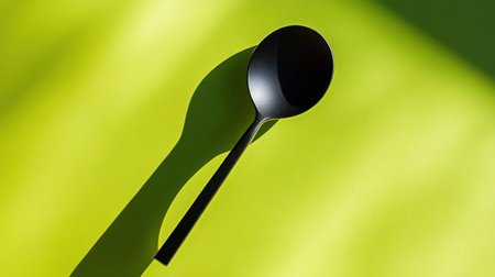 This minimalist image features a black spoon casting a strong shadow on a vibrant green background, creating a bold and stylish visual. Ideal for culinary themes.の素材