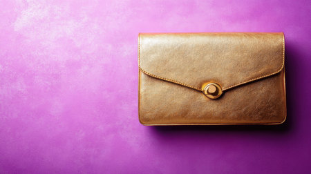 This captivating image features an elegant gold clutch bag resting on a vibrant purple surface, showcasing a stylish accessory ideal for fashion photography.の素材