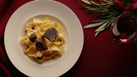 A beautifully arranged plate of gourmet pasta featuring truffle and fresh herbs, set on an elegant table with red wine. Perfect for culinary photography.の素材