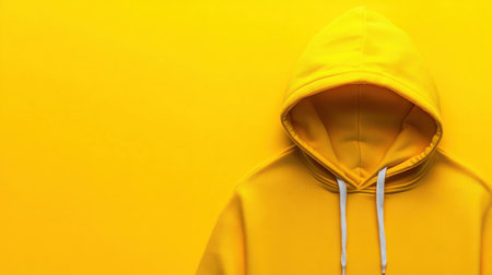 A vibrant yellow hooded sweatshirt is displayed against a matching bright yellow background, highlighting modern fashion for casual wear.の素材