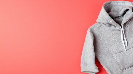 This image features a gray hoodie with a practical pocket, set against a vibrant coral background, ideal for showcasing fashion and casual wear styles.の素材