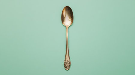 A beautiful vintage silver spoon is presented against a mint green background, highlighting its elegant design and intricate craftsmanship. Perfect for culinary-themed visuals!の素材