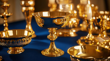 A stunning collection of gold tableware featuring elegant dishes and cutlery, perfect for fine dining settings and festive occasions.の素材