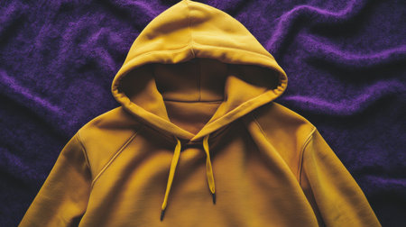 A bright yellow hoodie is elegantly placed on a soft purple texture, embodying modern fashion aesthetics and colorful contrast. Perfect for showcasing style and comfort.の素材