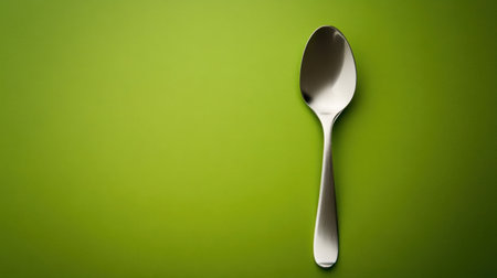 A sleek silver spoon positioned against a smooth green background, showcasing its modern design and reflective surface, ideal for culinary presentation.の素材