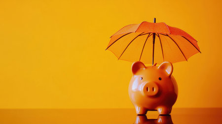 A vibrant orange piggy bank sheltered by a small umbrella, symbolizing financial security and saving in colorful, artistic imagery.の素材