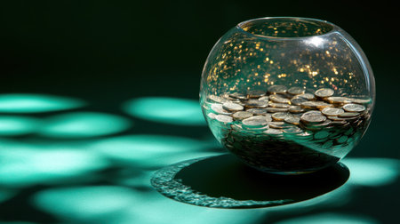 A clear glass bowl filled with coins creates a captivating visual on a green background, with shimmering highlights and soft shadows enhancing the composition.の素材