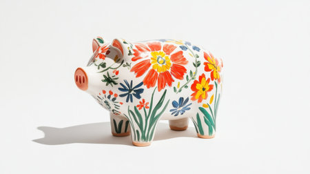 A charming and vibrant ceramic piggy bank adorned with a delightful floral pattern. Perfect for encouraging savings in a playful way while enhancing home decor.の素材