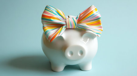 A charming ceramic piggy bank adorned with a vibrant striped bow tie, set against a soft blue backdrop, perfect for depicting saving money and financial literacy.の素材