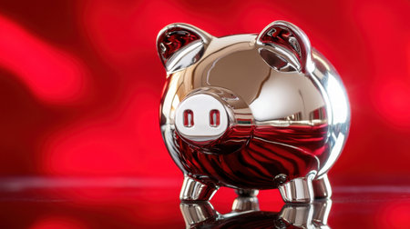A shiny silver piggy bank sits on a glossy surface against a vibrant red background, symbolizing financial savings and investment concepts. Ideal for finance-related themes.の素材