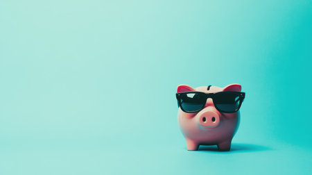 A cheerful piggy bank dons stylish sunglasses, standing out against a vibrant turquoise backdrop. This playful image captures fun and modern financial concepts, perfect for creative projects.の素材