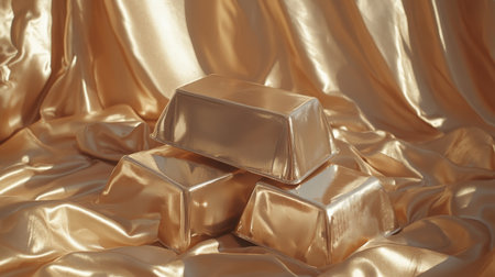 A captivating arrangement of gleaming gold bars set atop luxurious silk fabric, showcasing themes of wealth, elegance, and premium materials in a rich environment.の素材