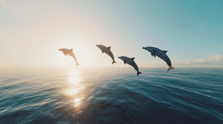 A captivating scene of dolphins leaping above calm ocean waves at sunrise, showcasing their grace and beauty in a natural, serene environment.の素材