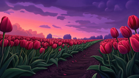 A stunning view of a vibrant tulip field during sunset, featuring rich purple clouds and a serene pathway that invites exploration through nature.の素材