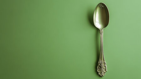 This image features an elegant silver spoon against a soft green background, highlighting unique vintage details. Ideal for culinary and decorative themes.の素材