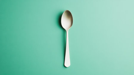 This image showcases a single stainless steel spoon against a soft green background, ideal for culinary purposes and kitchen-related themes.の素材