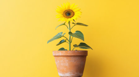 A stunning sunflower stands tall in a rustic clay pot, set against a vivid yellow background, evoking feelings of warmth and cheer. Perfect for nature lovers.の素材