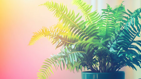 A vibrant green fern thriving in a modern indoor setting, showcasing lush foliage against a soft colorful backdrop, perfect for enhancing any space.の素材