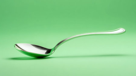 A sleek stainless steel spoon is placed on a vibrant green background, highlighting its shine and elegant design, perfect for culinary imagery and dining themes.の素材