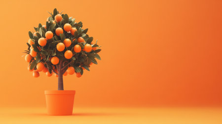 A charming potted orange tree displays bright oranges against a vivid orange background, perfect for adding a cheerful touch to home interiors and seasonal decor.の素材
