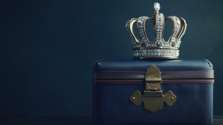 This stunning image features an elegant crown atop a vintage blue box with a gold clasp, set against a dark background. Perfect for themes of luxury and royalty.の素材