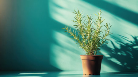 A vibrant green herb plant sits in a simple brown pot against a teal wall, beautifully highlighted by bright natural light and shadows.の素材