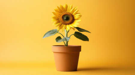 A beautiful sunflower stands tall in a clay pot, brightening up any space with its vivid yellow petals and lush green leaves. Perfect for dの素材