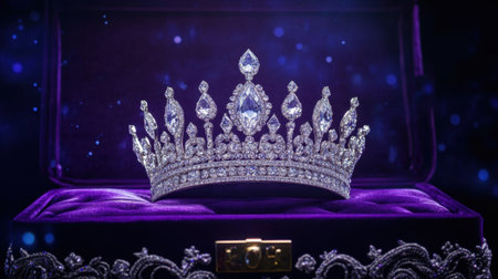 Stunning crown displayed in a plush purple velvet box, highlighting intricate details and sparkling gemstones, perfect for themes of royalty and elegance.の素材