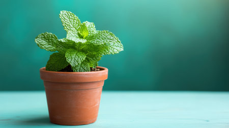A vibrant mint plant sits in a terracotta pot against a blue-green backdrop. Ideal for culinary uses, home decor, and gardening inspiration.の素材