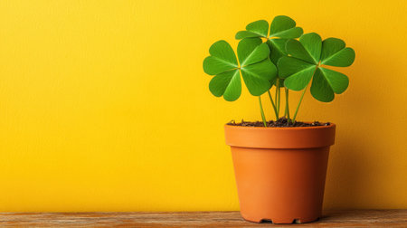 A lively green plant with four leaf clovers sits in a terracotta pot against a bright yellow background, symbolizing freshness and natureの素材