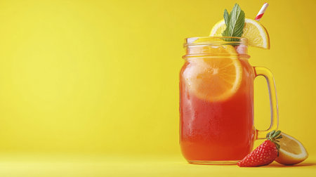 This vibrant image showcases a refreshing drink in a jar, featuring lemon and strawberry garnishes against a bright yellow backdrop. Ideal for summer themes.の素材