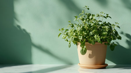 A beautiful green herb plant displayed in a beige pot against a calming mint green wall. The warm sunlight creates gentle shadows, enhancing the serene ambiance.の素材