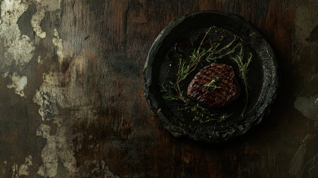 A beautifully grilled steak sits on a dark plate garnished with fresh herbs, highlighting culinary artistry against a rustic wooden background.の素材