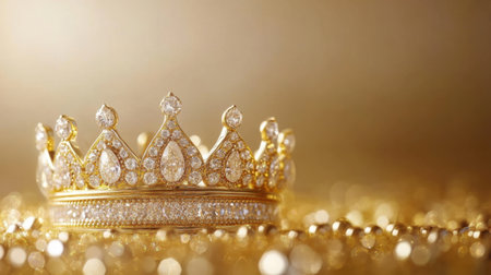Stunning gold crown featuring exquisite jewels set against a luxurious golden background. Ideal for themes of royalty, beauty, or special celebrations.の素材