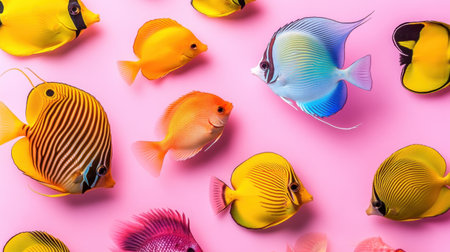 A captivating assortment of colorful tropical fish swims gracefully against a bright pink background, showcasing the stunning beauty of marine life in an aquarium setting.の素材