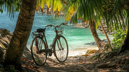 An abandoned bicycle rests on a sandy path leading to a pristine beach, framed by tropical trees and clear blue waters, inviting relaxation and exploration.の素材