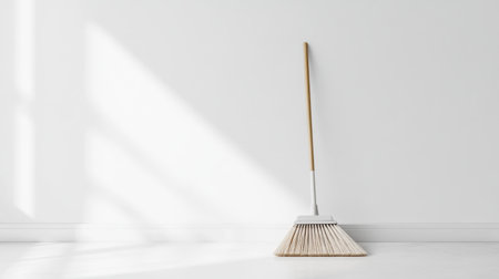 A simple broom rests against a clean white wall, illuminated by natural sunlight, casting soft shadows. Ideal for promoting cleanliness and minimalism.の素材