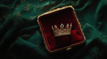An elegant golden crown rests in a plush velvet jewelry box, showcasing its intricate design against a luxurious green fabric backdrop, perfect for royalty-themed occasions.の素材