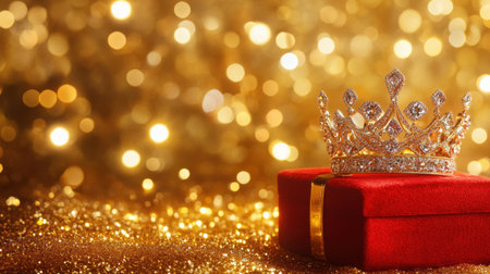 A stunning golden crown rests elegantly on a red gift box, surrounded by shimmering bokeh lights, evoking feelings of celebration and luxury.の素材