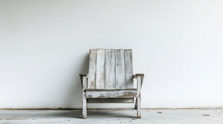 This image features a rustic wooden chair set against a plain white wall, embodying minimalist design principles. The weathered texture adds charm and simplicity, making it a perfect accent for serene interiors.の素材