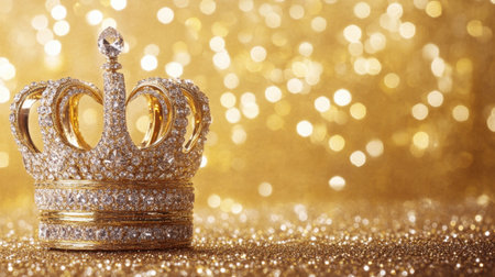 This stunning golden crown, decorated with sparkling diamonds, gleams against a bright glittering background, symbolizing luxury and elegance.の素材