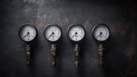 A striking image featuring a series of mechanical pressure gauges arranged on a dark textured surface, ideal for industrial and technical applications.の素材