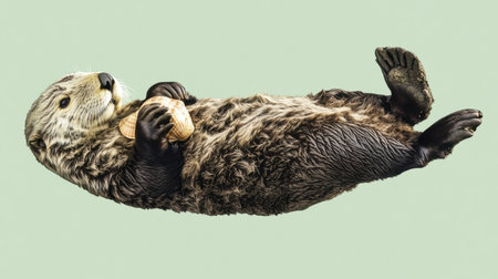 A charming sea otter floats on its back, holding a snack in its paws against a soft green background, showcasing its playful and relaxed nature.の素材