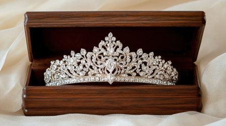 This captivating silver tiara features intricate designs and sparkling diamonds, elegantly displayed in a luxurious wooden box with velvet lining.の素材