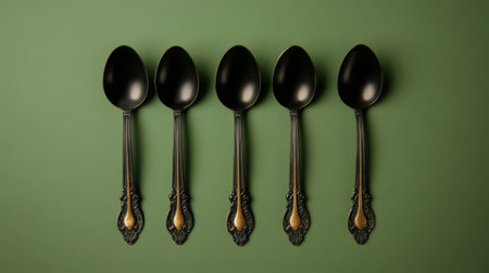 This image features five elegant black spoons arranged symmetrically on a rich green background, showcasing their sleek design and ideal for culinary presentations.の素材