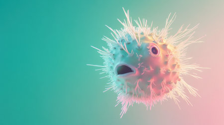 This image features a colorful microorganism with hair-like projections, set against a softly blurred background, illustrating complex cellular structures.の素材