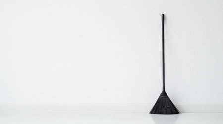 A simple black broom stands upright against a clean white wall, symbolizing minimalism and cleanliness, ideal for various home decor and cleaning themes.の素材