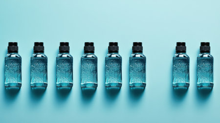 Aesthetic arrangement of clear plastic bottles filled with turquoise liquid, set against a soft blue background, showcasing minimalistic product design and clean lines.の素材